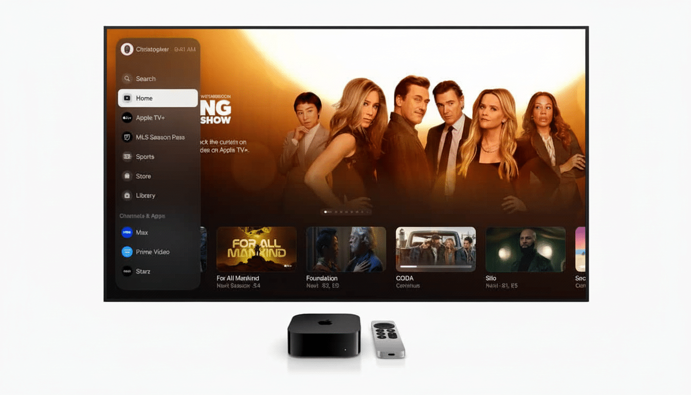 An Apple TV 4K device and remote control sit below a screen displaying the Apple TV + interface with various show thumbnails and a menu sidebar.