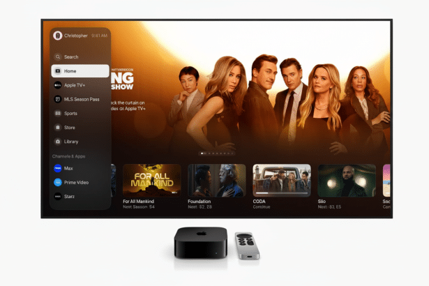 Apple TV 4K device and remote control in front of a television displaying the Apple TV + interface with various show thumbnails, including The Morning