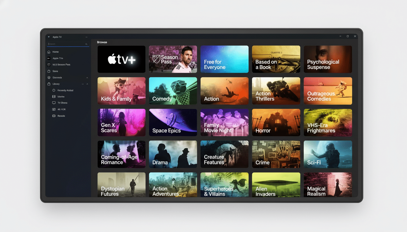 A screenshot of the Apple TV app interface, displaying various content categories like Kids & Family, Comedy, Action, Hor ror, and Sci-Fi in a grid la