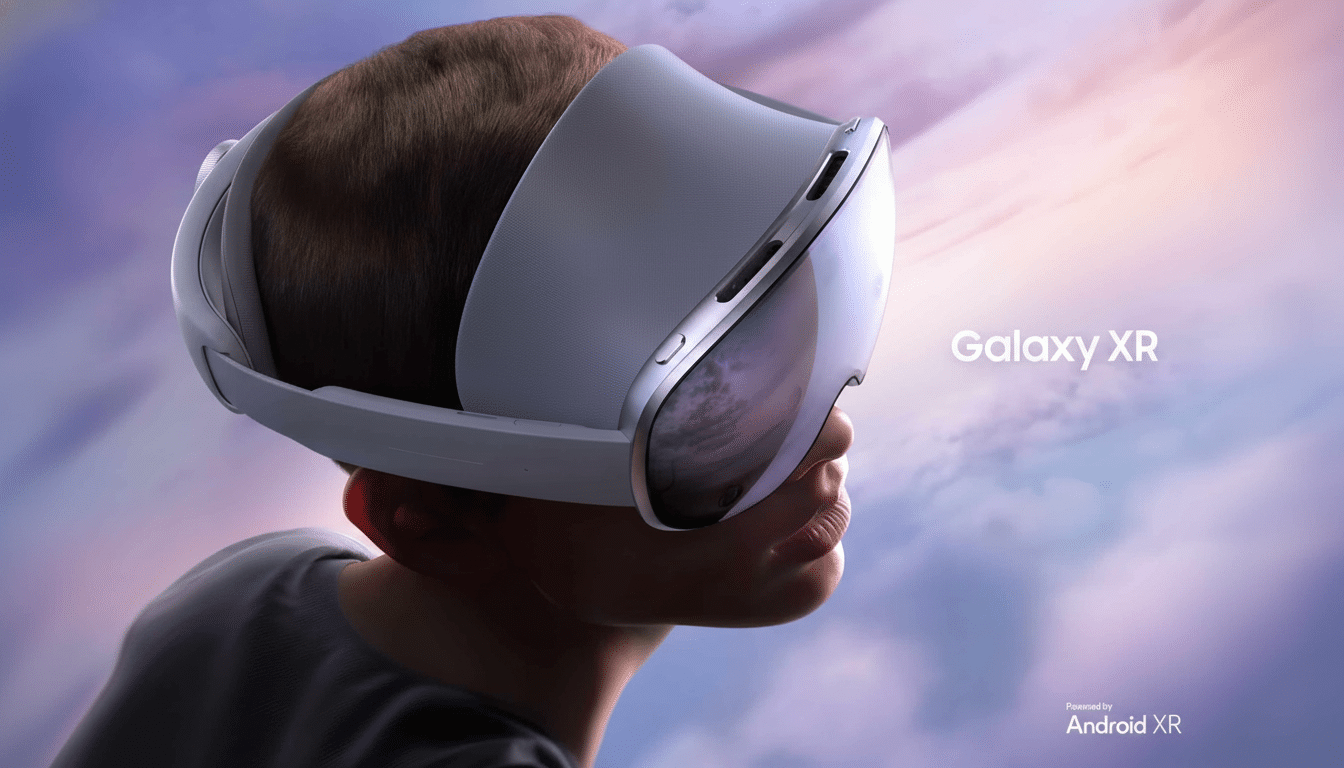 A person wearing a white and grey virtual reality headset, branded Galaxy XR, against a blurred background with soft purple and orange hues . The text  Powered by Android XR  is in the bottom right corner .