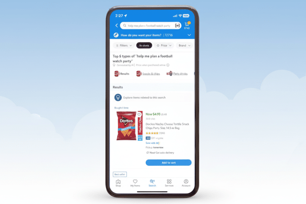A screenshot of a mobile phone displaying a shopping app. The app shows search results for help me plan a football watch party, with Doritos Nach o Cheese tortilla chips highlighted as a product. The background has been updated to a soft blue sky with subtle cloud patterns. Filename : shopping appfootball party . png