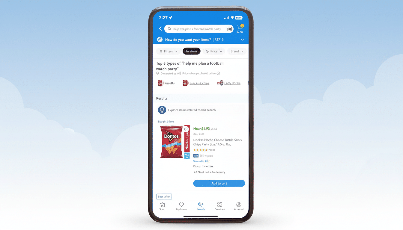 A screenshot of a mobile phone displaying a shopping app. The app shows search results for help me plan a football watch party, with Doritos Nach o Cheese tortilla chips highlighted as a product. The background has been updated to a soft blue sky with subtle cloud patterns. Filename : shopping appfootball party . png
