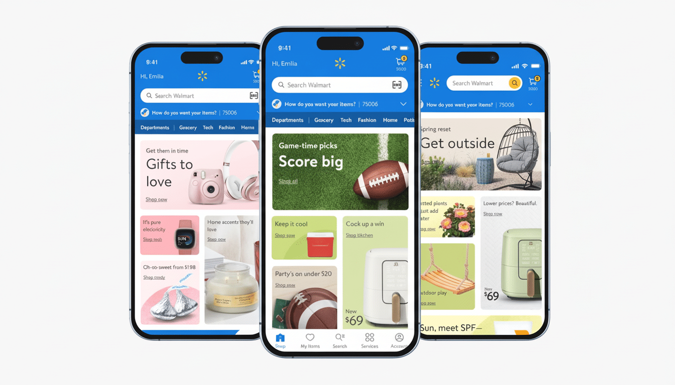 Three iPhones displaying the Walmart app with various product screens and promotional content, professionally presented against a white background.