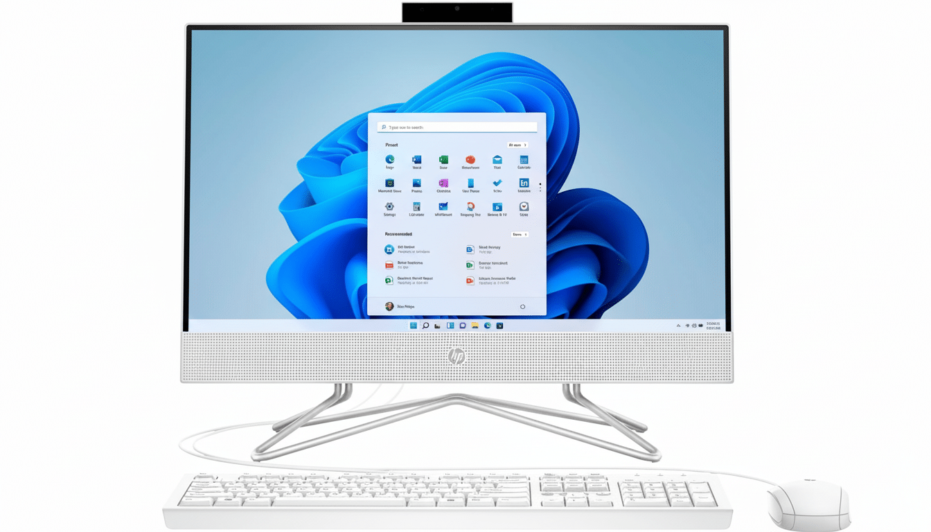 A white HP all -in-one desktop computer with a keyboard and mouse, displaying the Windows 11 operating system on its screen.