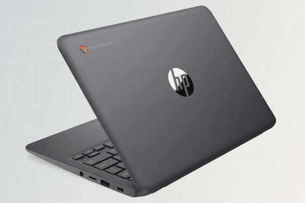 lt Text : An HP Chromebook with the lid partially open, displaying the Chrome logo and HP logo, set