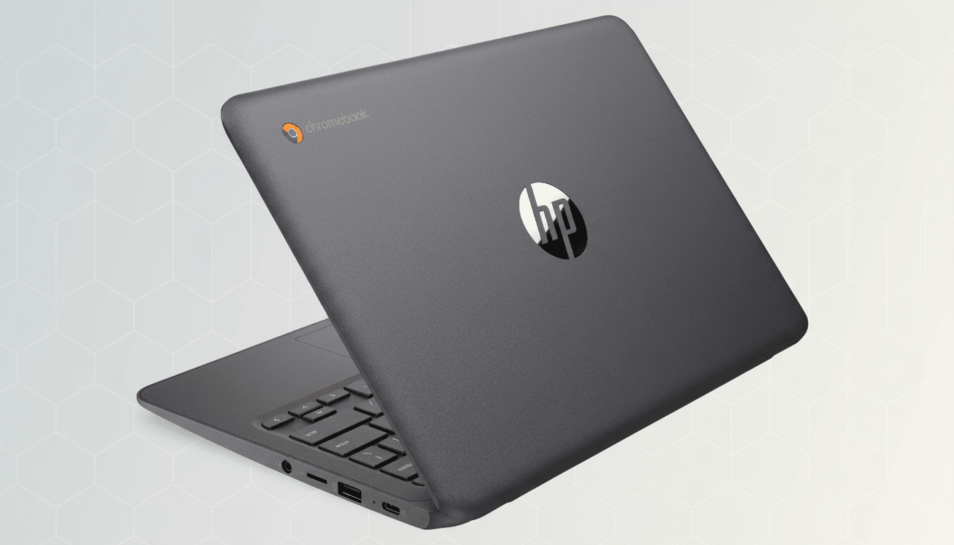 lt Text : An HP Chromebook with the lid partially open, displaying the Chrome logo and HP logo, set