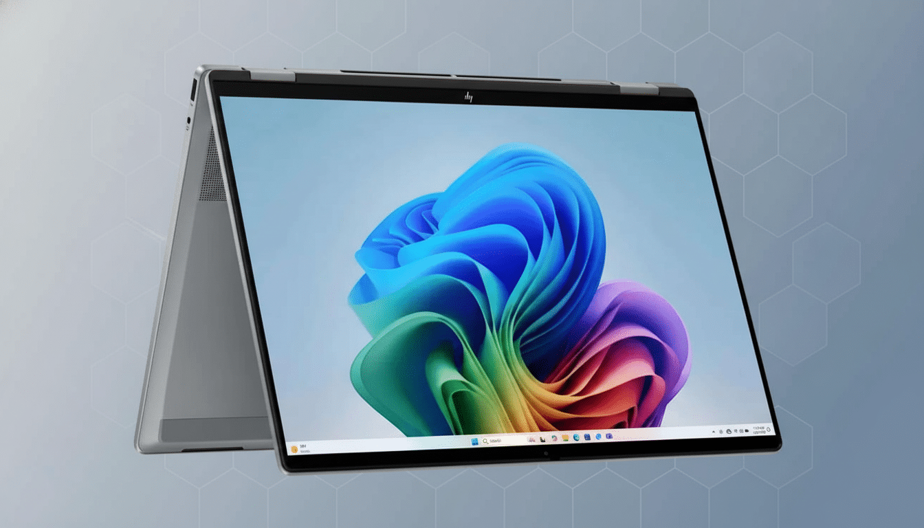 An HP convertible laptop with a colorful Windows 1 1 wallpaper displayed on its screen, set against a professional flat gray background with subtle he