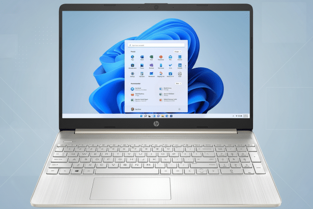 An HP laptop displaying the Windows 1 1 desktop with a soft, gradient background.