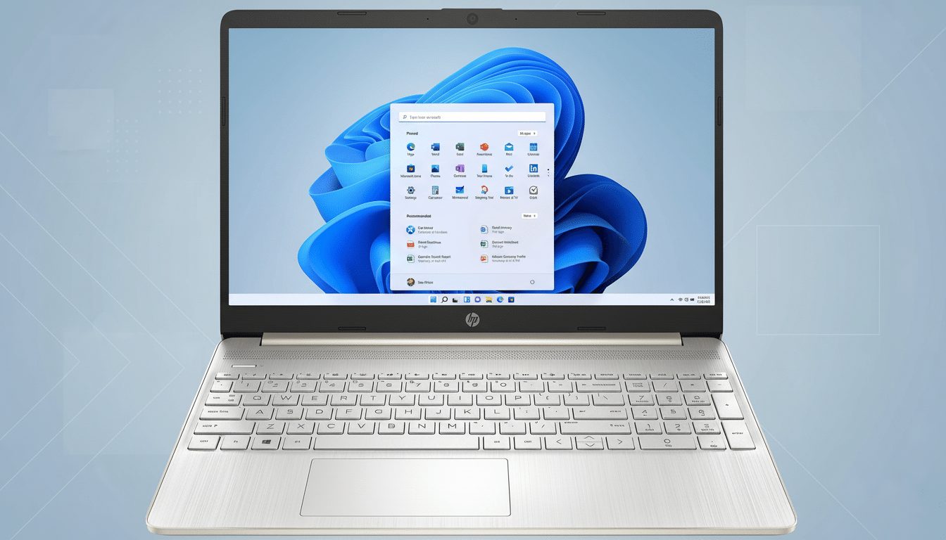An HP laptop displaying the Windows 1 1 desktop with a soft, gradient background.