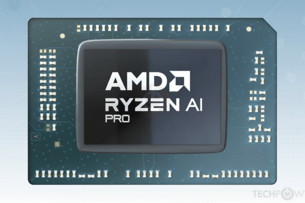 A professional close -up of an AMD Ryzen AI Pro chip with a new background.
