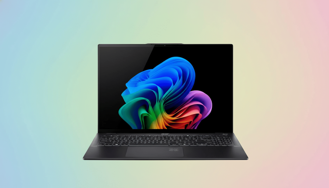 A black Acer laptop with a colorful abstract design on its screen, set against a pastel gradient background. Filename : acerlaptop abstractscreen . png