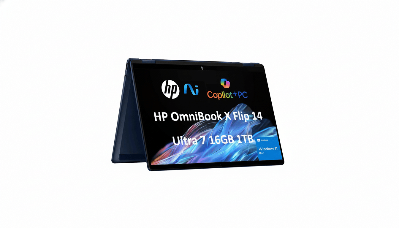 An HP OmniBook X Flip 14 laptop displayed at a slight angle with a white background.