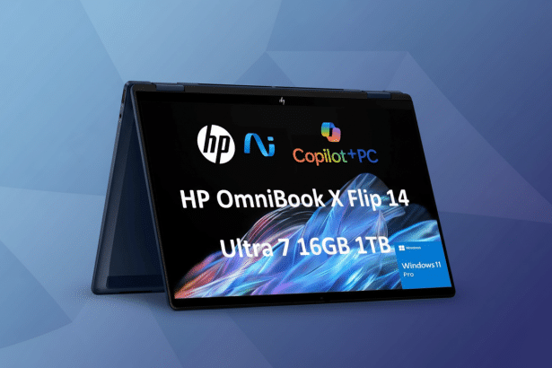 An HP OmniBook X Flip 14 laptop displayed on a blue gradient background. The screen shows HP Cop ilot+PC HP OmniBook X Flip 14 Ultra 7 1 6GB 1 TB and Windows 1 1 Pro branding .