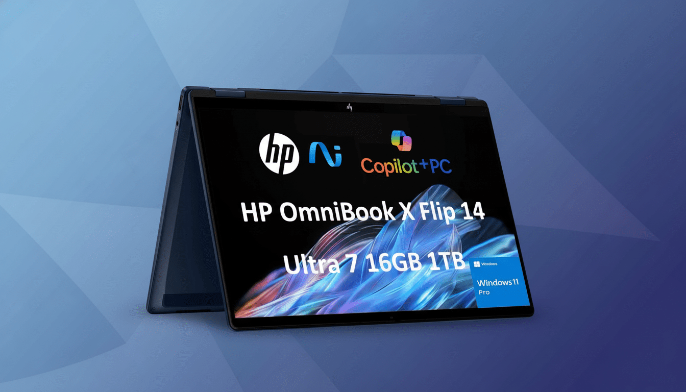 An HP OmniBook X Flip 14 laptop displayed on a blue gradient background. The screen shows HP Cop ilot+PC HP OmniBook X Flip 14 Ultra 7 1 6GB 1 TB and Windows 1 1 Pro branding .