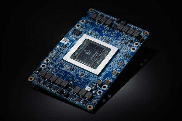 A high -performance computing chip on a blue circuit board, angled on a dark, reflective surface, enhanced with professional clarity and resized to a 1 6:9 aspect ratio. Filename : hpc chip1 69 professional.png