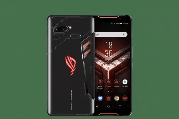 A black ASUS ROG Phone II with a glowing red logo on the back, and the front screen displaying the time and app icons, all against a solid green background with a 16 :9 aspect ratio .
