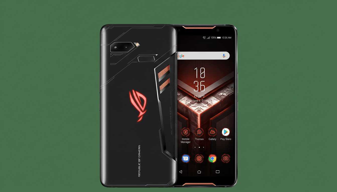 A black ASUS ROG Phone II with a glowing red logo on the back, and the front screen displaying the time and app icons, all against a solid green background with a 16 :9 aspect ratio .