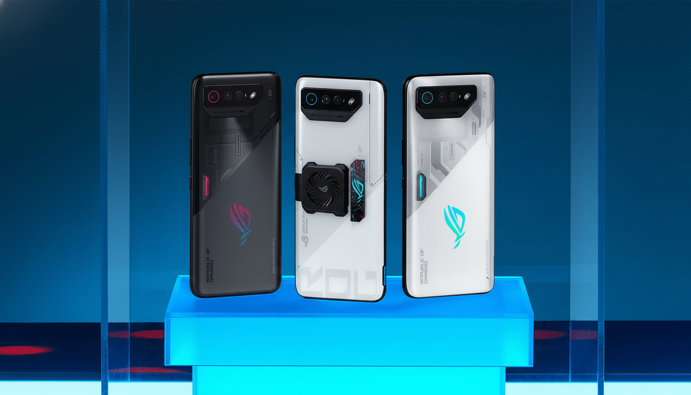 Three ASUS ROG Phone 6 devices, one black , one white with a cooler attached , and one white , displayed on a blue pedestal against a blue background with subtle light reflections.