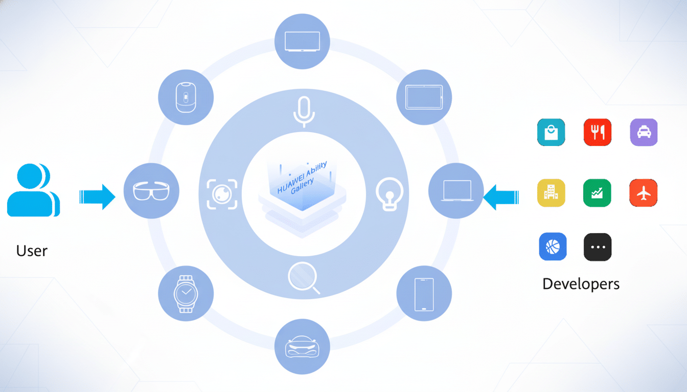 A diagram illustrating the Huawei Ability Gallery ecosystem , showing a user interacting with various devices and services, which are supported by developers providing different applications. The central hub is the Huawei Ability Gallery text on a stylized icon .