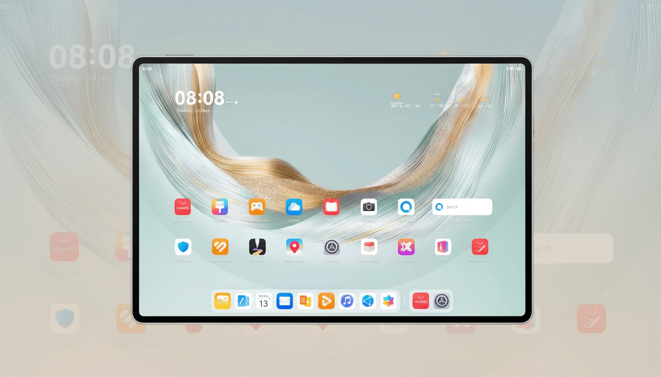 A Huawei tablet displaying its home screen with various app icons, a clock, date, and weather widget on a wavy, abstract background. The tablet is pre