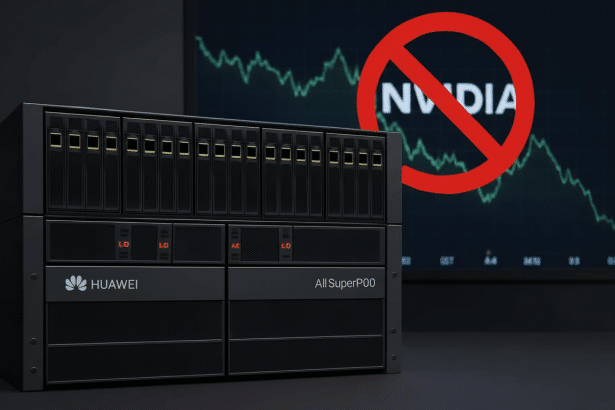 A Huawei server rack with All SuperP0 0 branding in the foreground, and a monitor displaying a declining stock graph with the word NVIDIA crossed out in red in the background .