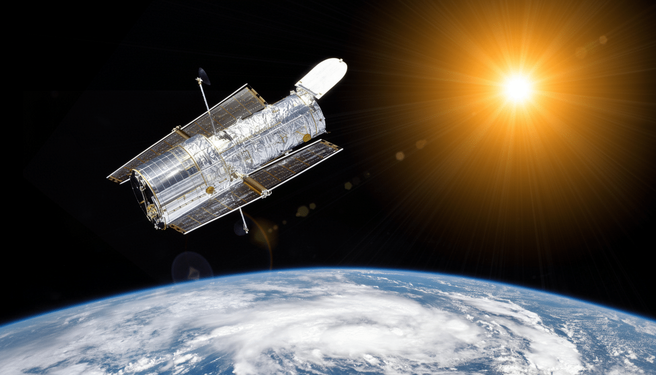 The Hubble Space Telescope orbits above Earth with a bright sunburst in the background.