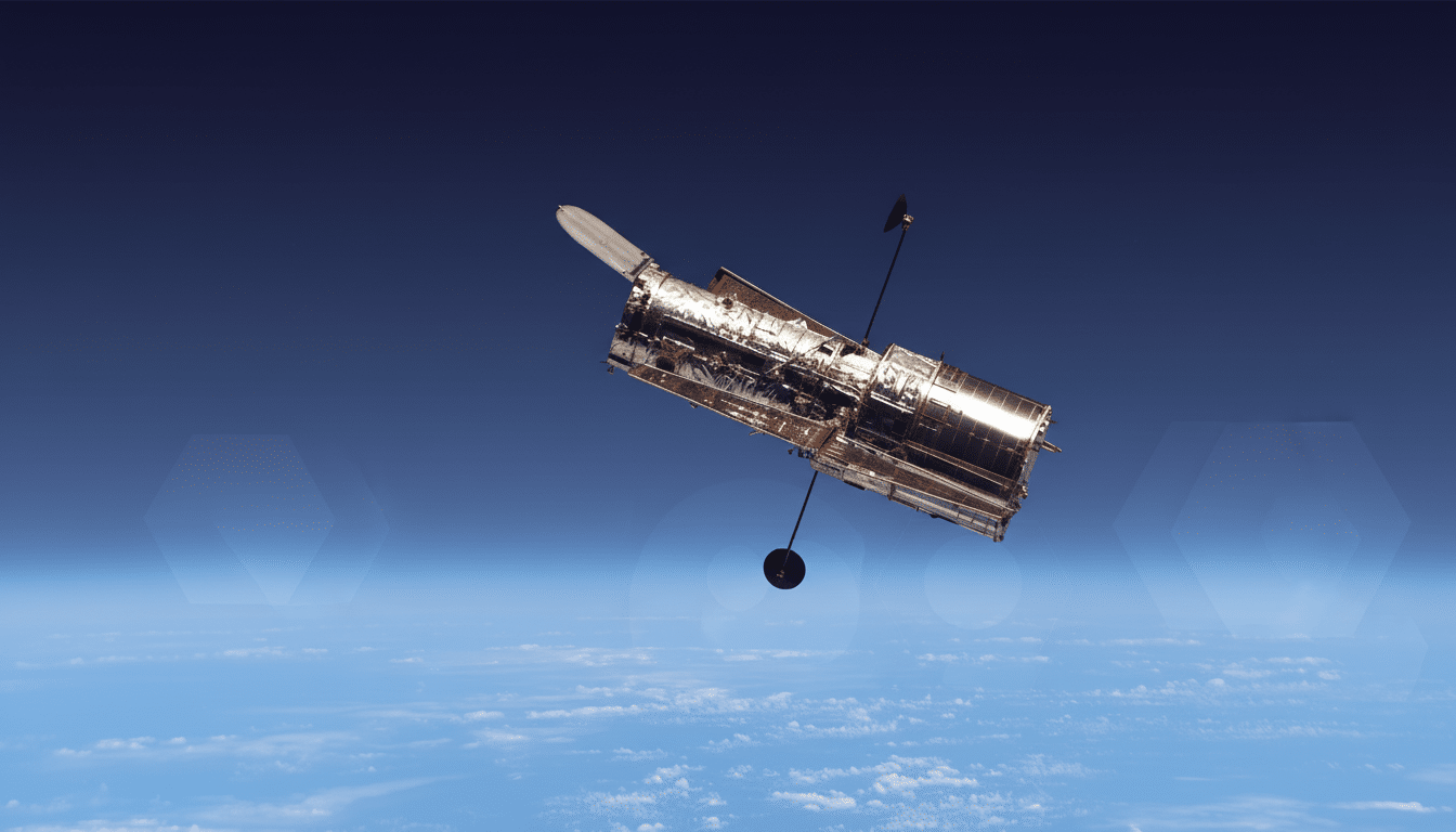 The Hubble Space Telescope orbits above Earth , with a dark blue sky above and white clouds below .