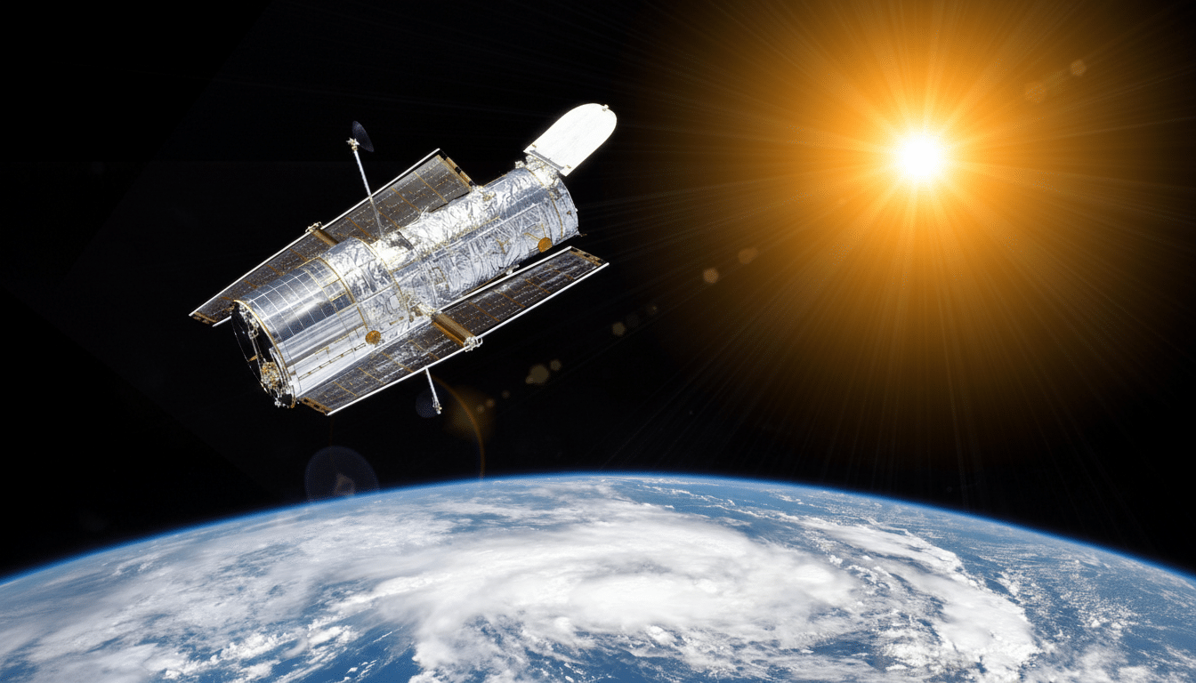 The Hubble Space Telescope orbits above Earth, with the sun brightly shining in the background .