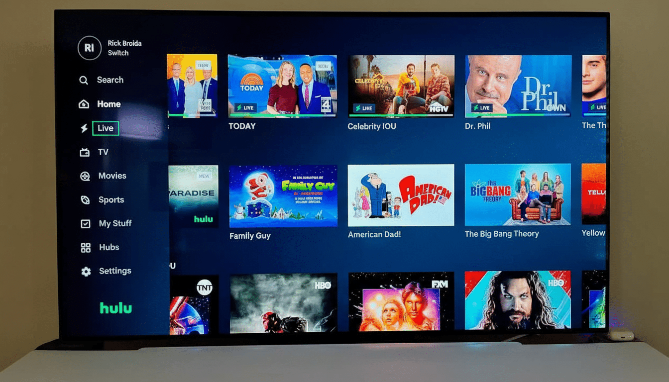 A TV screen displaying the Hulu Live TV interface with various shows and channels. The aspect ratio has been adjusted to 16:9 , and the image is professionally enhanced while preserving the original content .