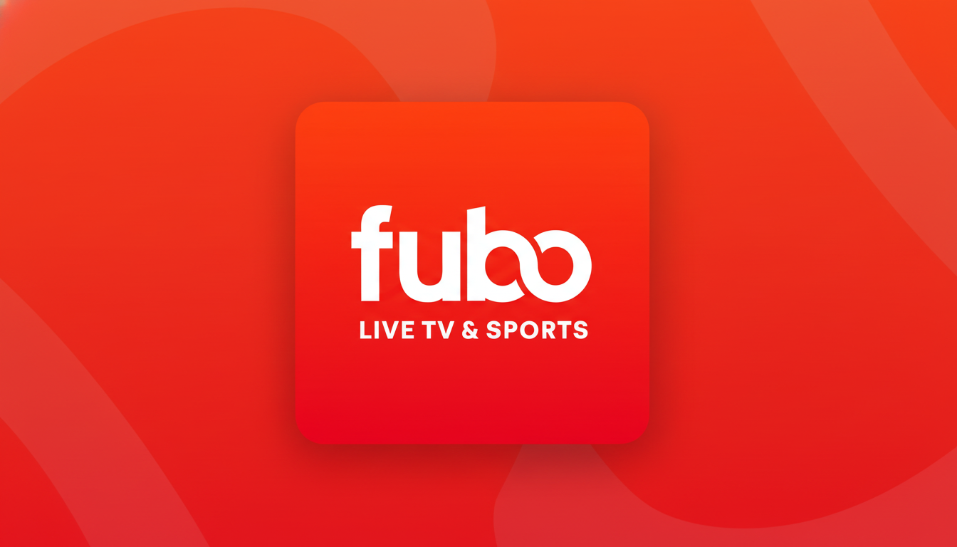 The FuboTV logo, featuring fubo in white lowercase letters above LIVE TV & SPORTS in smaller white uppercase letters, centered on a red square with rounded corners. The square is placed on a red background with subtle, soft wave patterns.