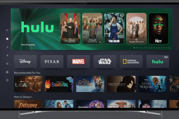 A modern television screen displaying the Hulu streaming service interface with various show and movie titles.