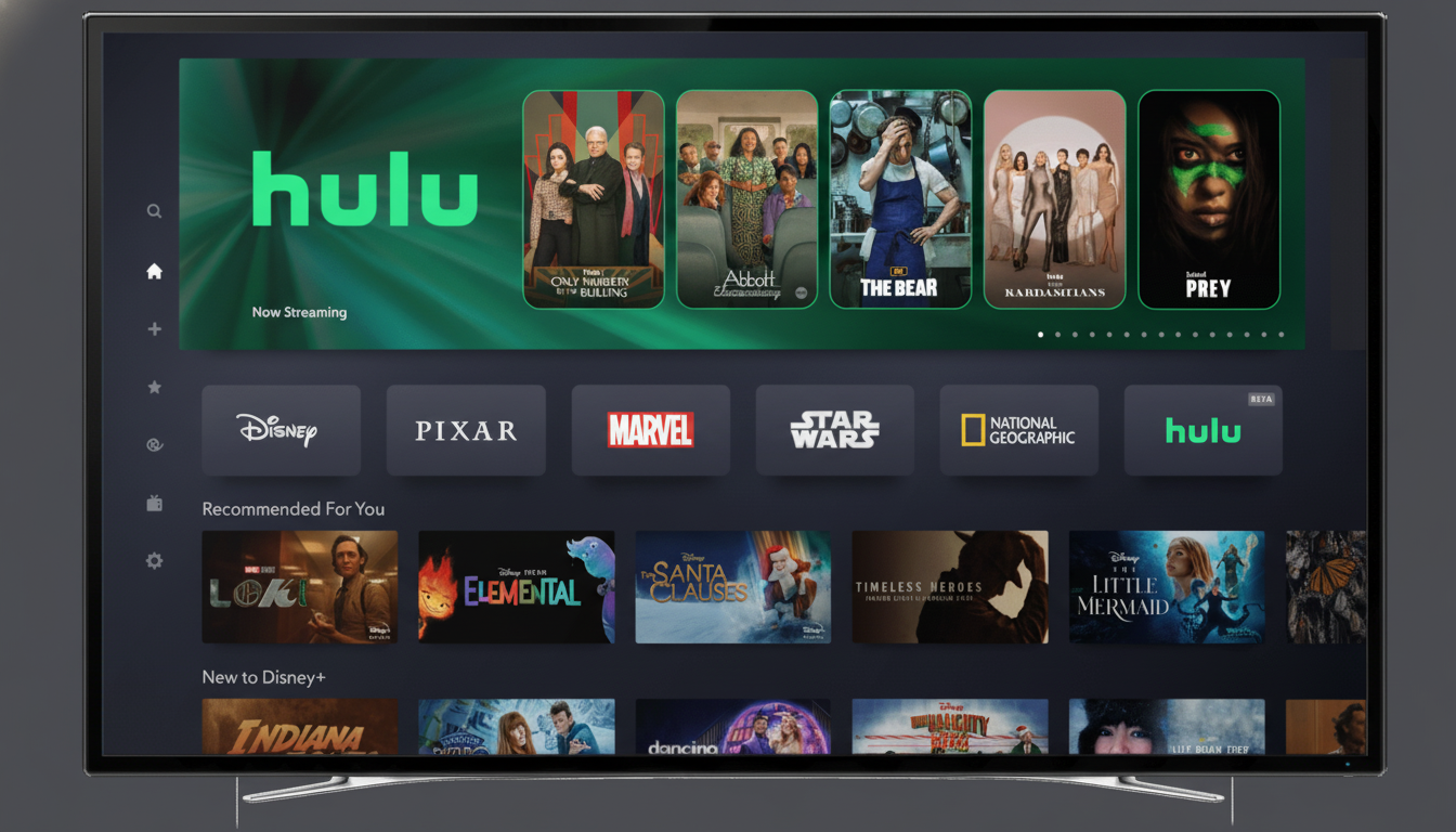 A modern television screen displaying the Hulu streaming service interface with various show and movie titles.
