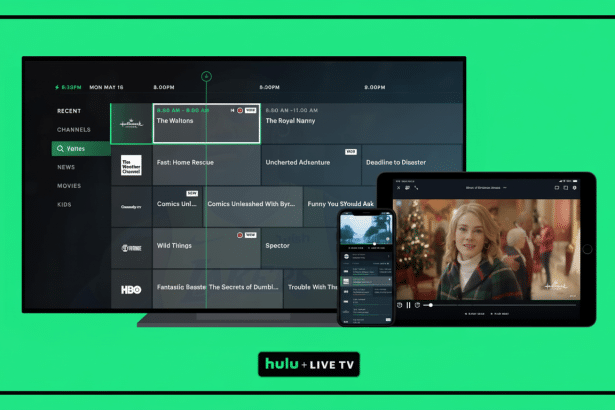 Hulu + Live TV interface displayed on a large screen TV and a mobile tablet, showing various channels and programming .