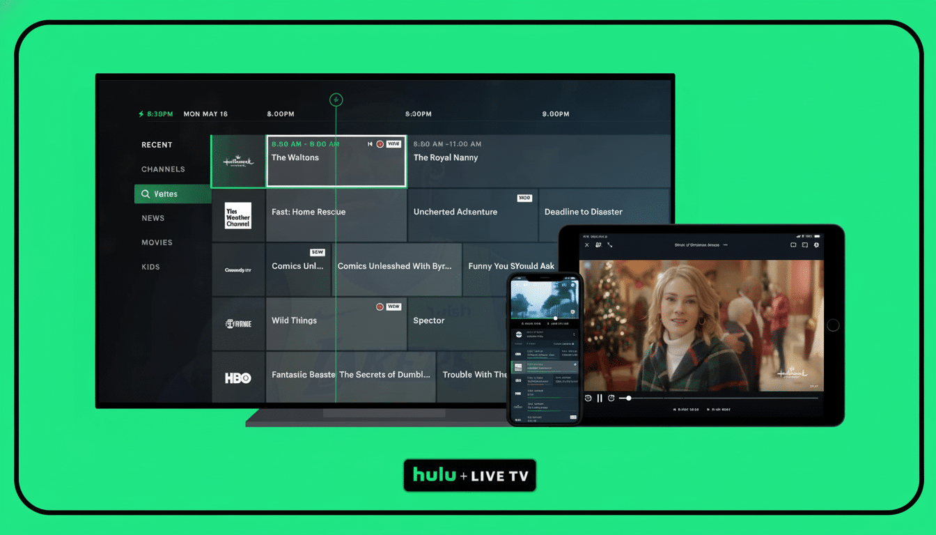 Hulu + Live TV interface displayed on a large screen TV and a mobile tablet, showing various channels and programming .