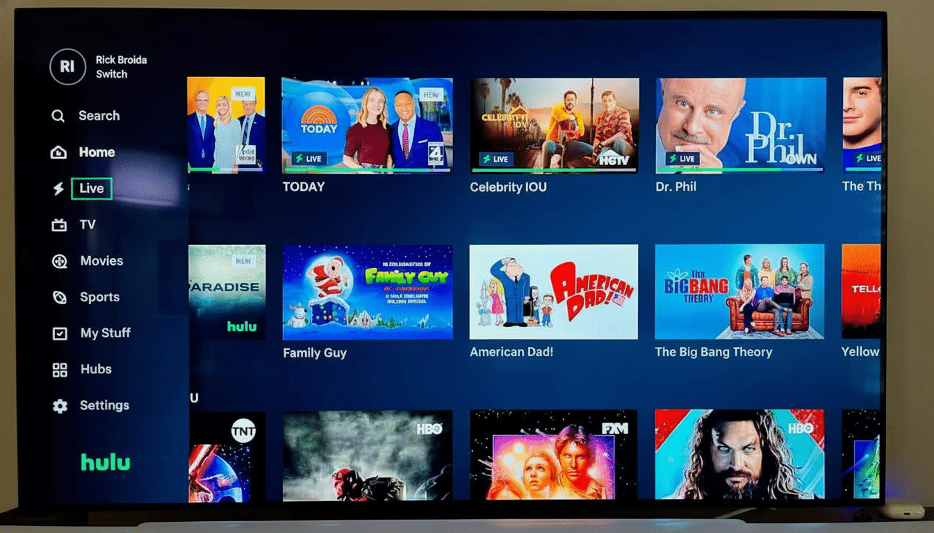 A TV screen displaying the Hulu Live TV interface with various shows and categories .