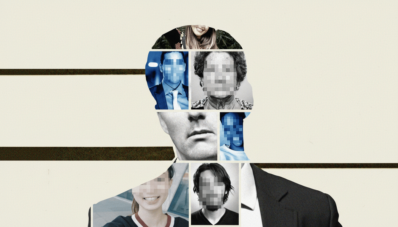 An abstract image featuring a silhouette of a human head, filled with various, mostly pixelated, faces and a person s torso.