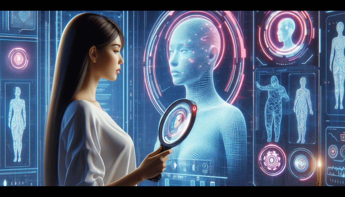 A woman in a white shirt looking at a holographic human figure with various data displays in the background. She holds a magnifying device that shows a close-up of a head.