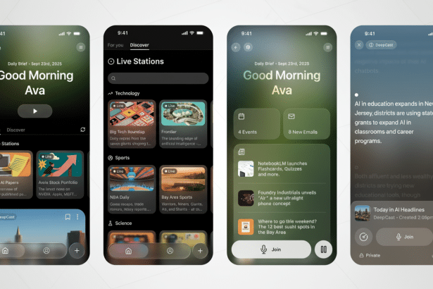 Four mobile app screens showcasing news , live stations, and educational content. Filename : deepcast appscreens . png