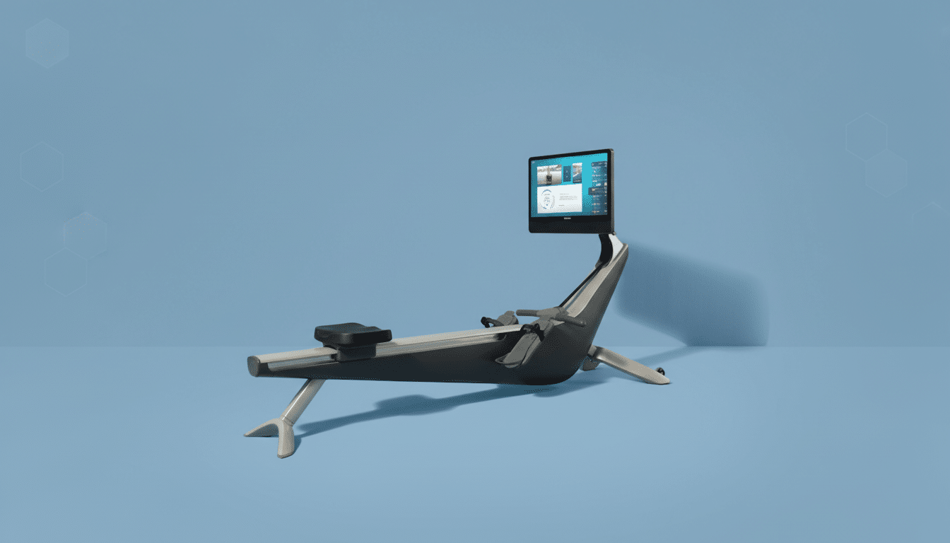 A professional shot of a modern rowing machine with a large screen, presented against a clean blue background with subtle geometric patterns in a 16: