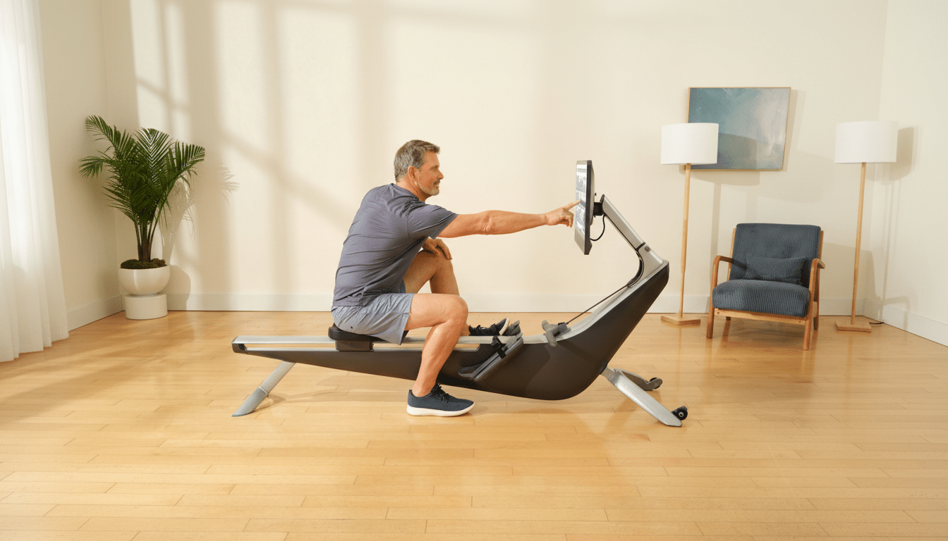 A man sitting on a rowing machine in a light-filled room, reaching out to touch the machines screen.