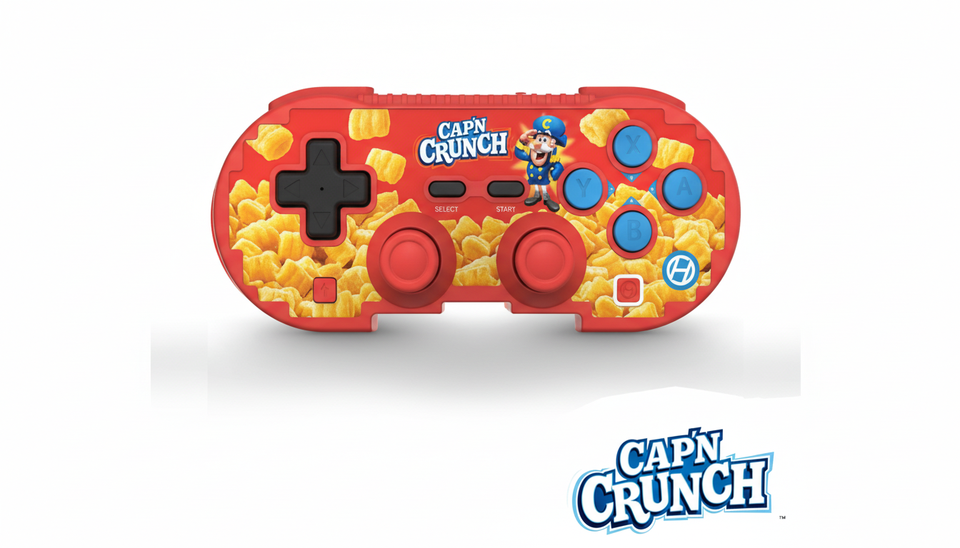A red video game controller with Capn Crunch cereal pieces as a pattern, featuring the Capn Crunch logo and character, presented on a white background with the Capn Crunch logo below.