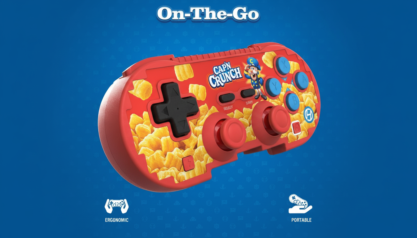 A red video game controller with a Capn Crunch cereal design, featuring the Capn Crunch logo and character, set against a blue background with subtle patterns. The controller has black directional pads and red and blue buttons. Text at the top reads On-The-Go, and icons at the bottom indicate ERGONOMIC and PORTABLE.