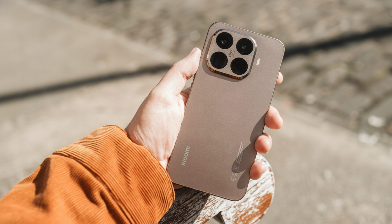 A hand holding a brown Xiaomi smartphone with a large camera module, resized to a 16:9 aspect ratio.