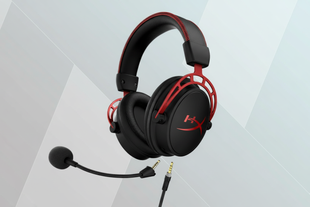 Hyper X Cloud Alpha S gaming headset in black and red, with a detachable microphone and audio jacks, presented on a professional flat design background with soft geometric patterns. Filename : hyperx cloudalpha shead set.png