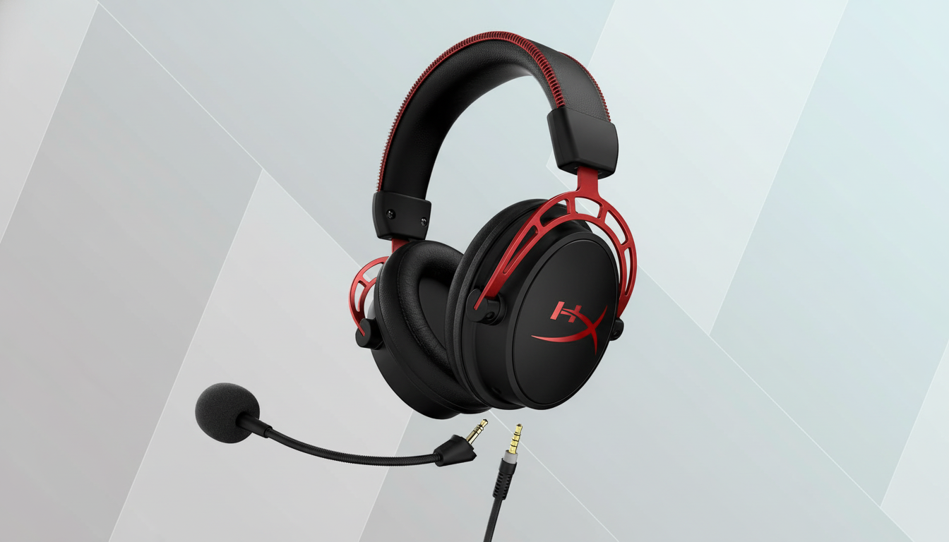 Hyper X Cloud Alpha S gaming headset in black and red, with a detachable microphone and audio jacks, presented on a professional flat design background with soft geometric patterns. Filename : hyperx cloudalpha shead set.png