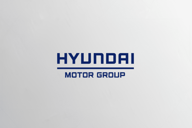 Hyundai Motor Group logo in dark blue text on a light gray background with subtle geometric patterns.