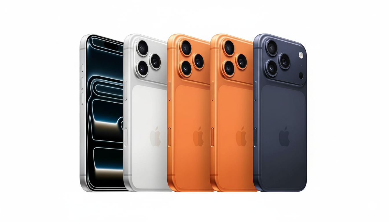 A row of four smartphones, from left to right: a silver phone with its screen facing forward, a white phone seen from the back, an orange phone seen from the back, and a dark blue phone seen from the back. All phones feature a triple camera system and the Apple logo on the back.