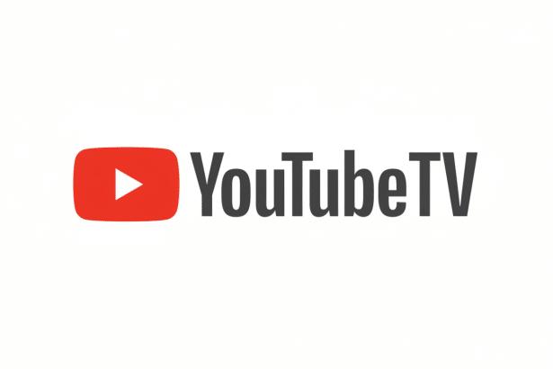 lt text: The YouTube TV logo, featuring a red play button icon next to the text YouTube TV in a