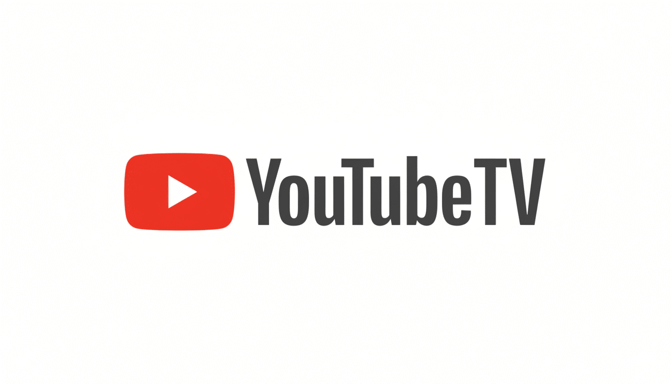 lt text: The YouTube TV logo, featuring a red play button icon next to the text YouTube TV in a