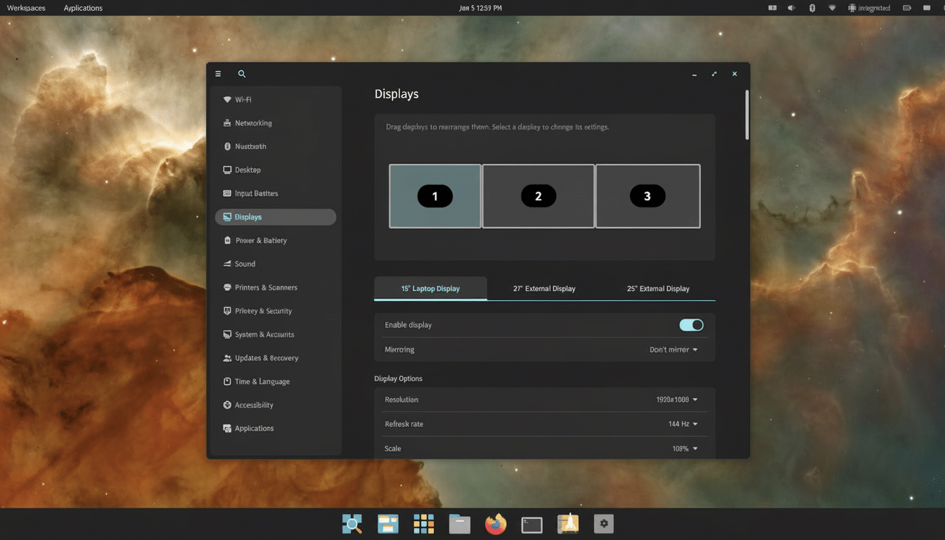 A screenshot of a Linux desktop environment showing the Displays settings window. The window has options for Wi -Fi, Networking, Bluetooth, Desktop, I